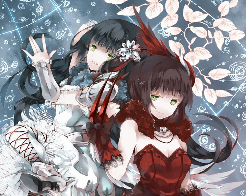 Two Anime Girls — Red, Dreamy, Flowers