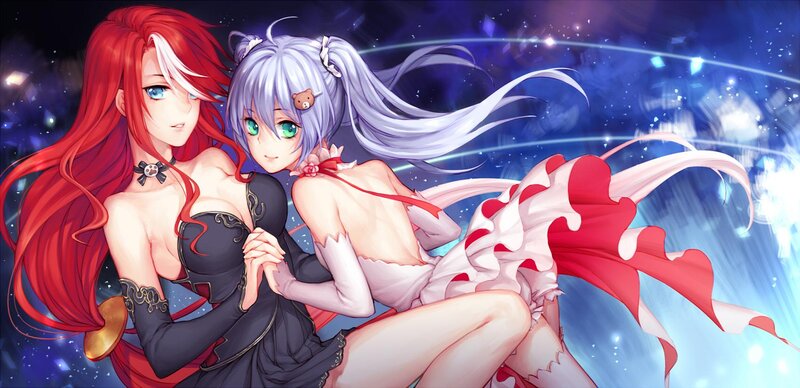 Two Anime Girls — Red, Dreamy, Night, Long Hair
