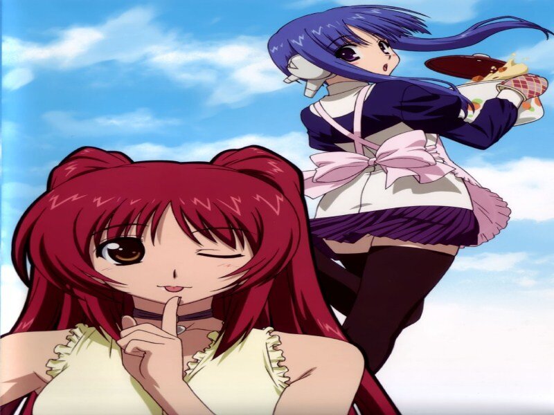 Two Anime Girls — Red, Playful, Afternoon