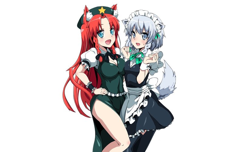 Two Anime Girls — Red, Playful, Cat Ears, Maid Outfits