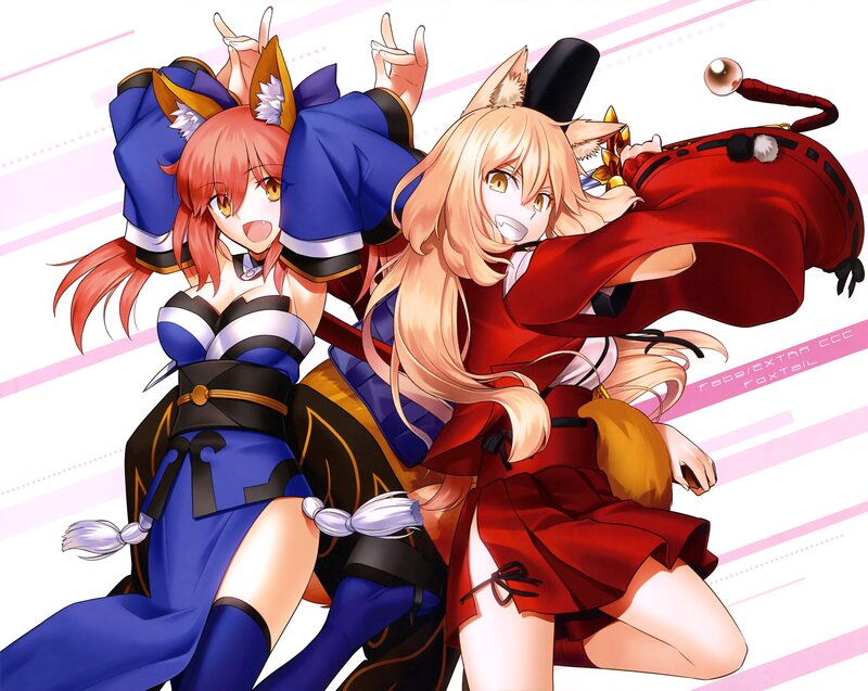 Two Anime Girls — Red, Playful, Fox Ears