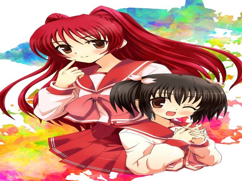 Two Anime Girls — Red, Playful, School Uniforms