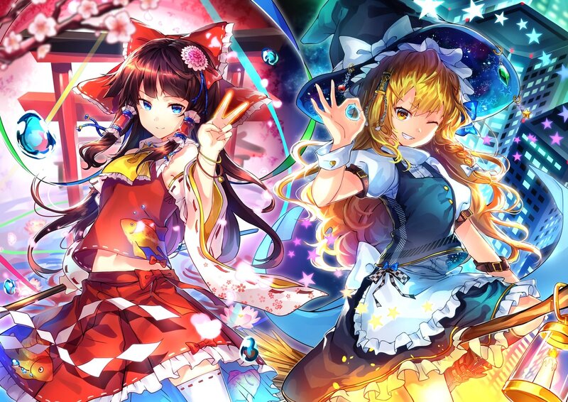 Two Anime Girls — Red, Playful, Spring, Cherry Blossoms