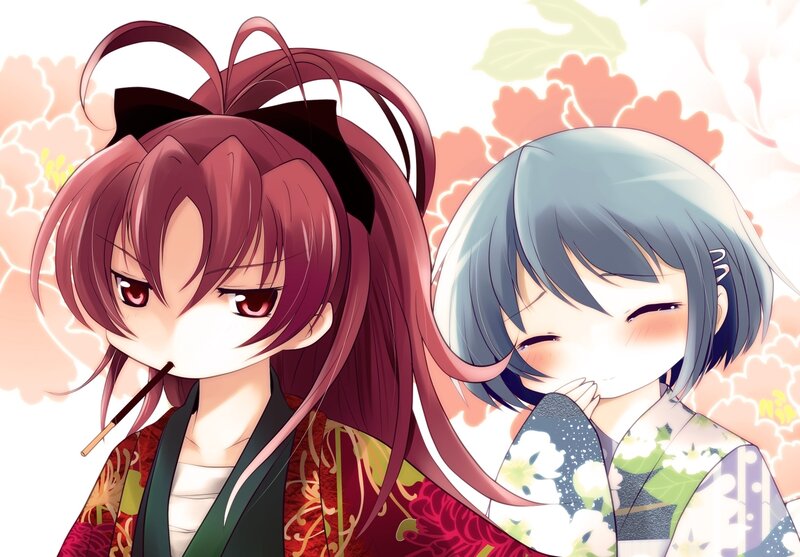 Two Anime Girls — Red, Playful, Spring, Kimono
