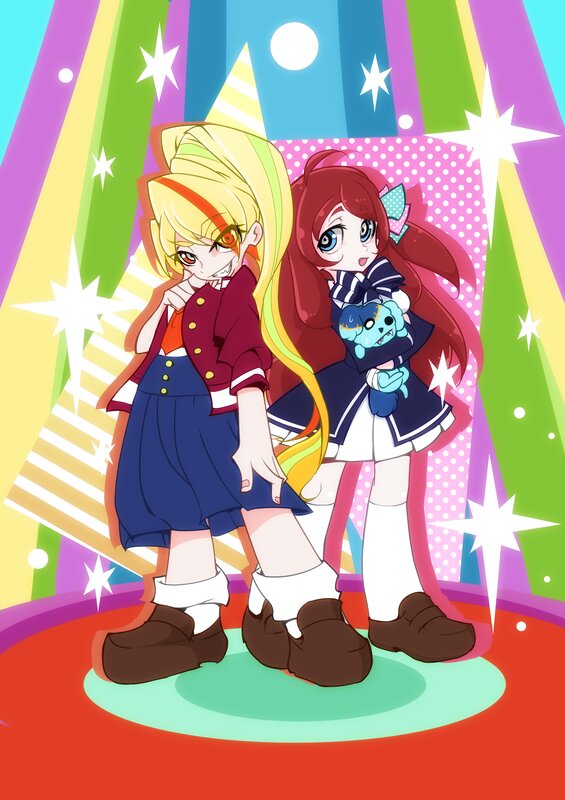 Two Anime Girls — Red, Playful, Stars, Colorful Background