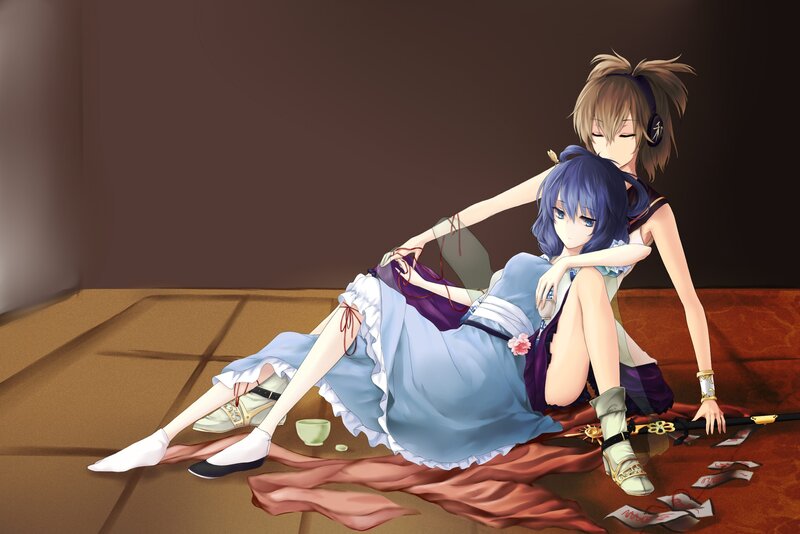 Two anime girls resting together