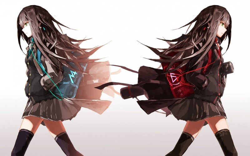 Two Anime Girls Running — Black, Dynamic, School Uniforms