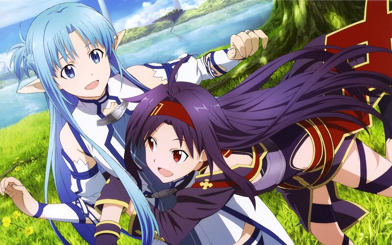 Two Anime Girls Running — Blue, Energetic, Afternoon, Grass