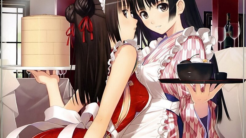 Two anime girls serving food