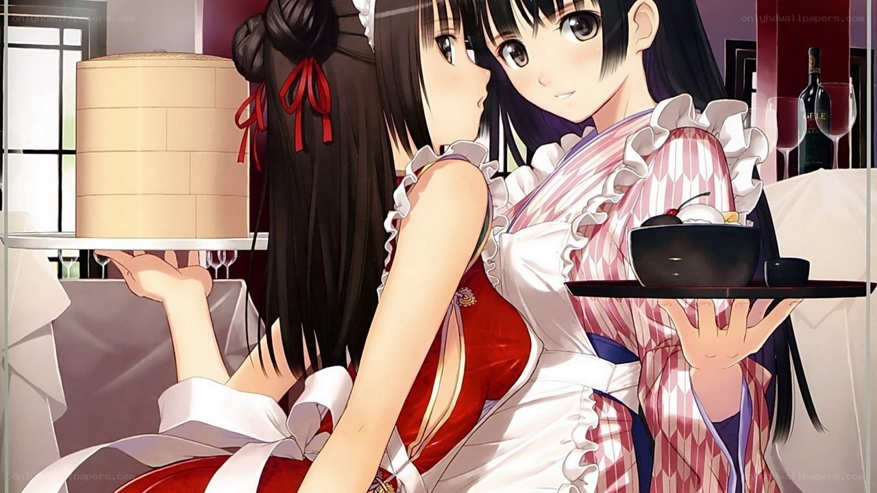 Two anime girls serving food