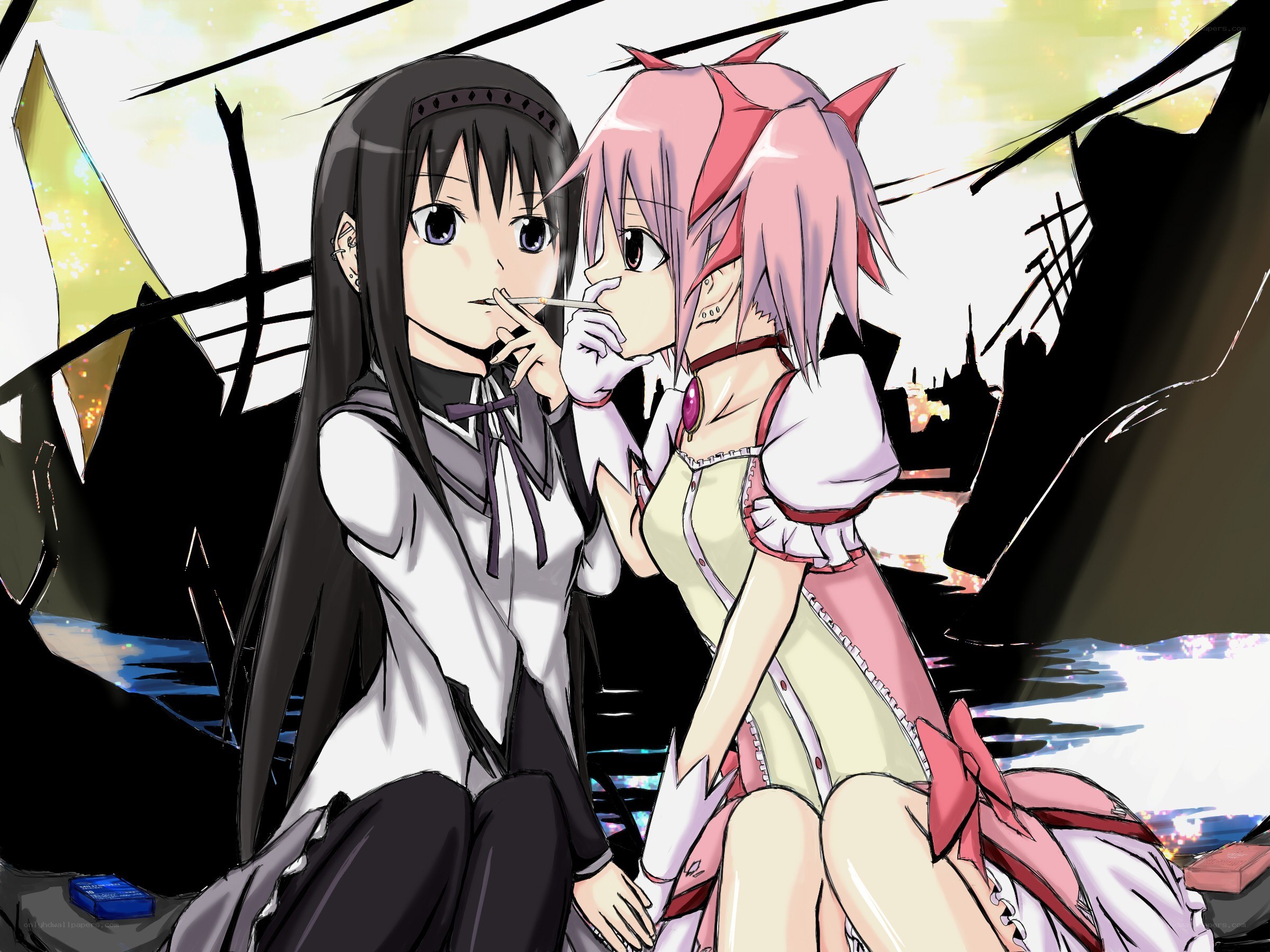 Two anime girls sharing a cigarette