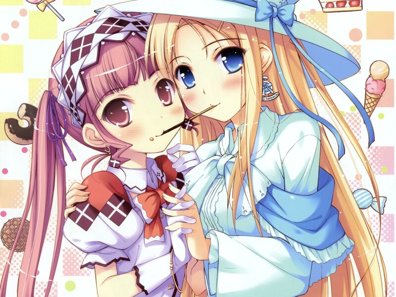 Two anime girls sharing a treat