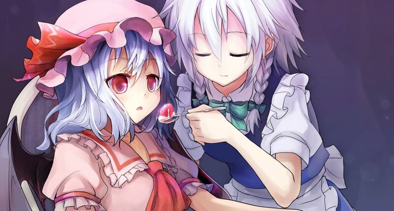 Two anime girls sharing dessert