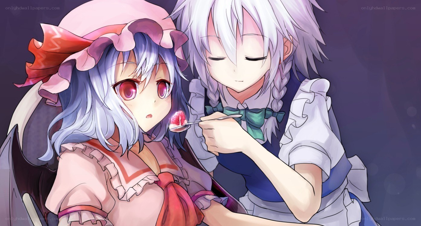 Two anime girls sharing dessert