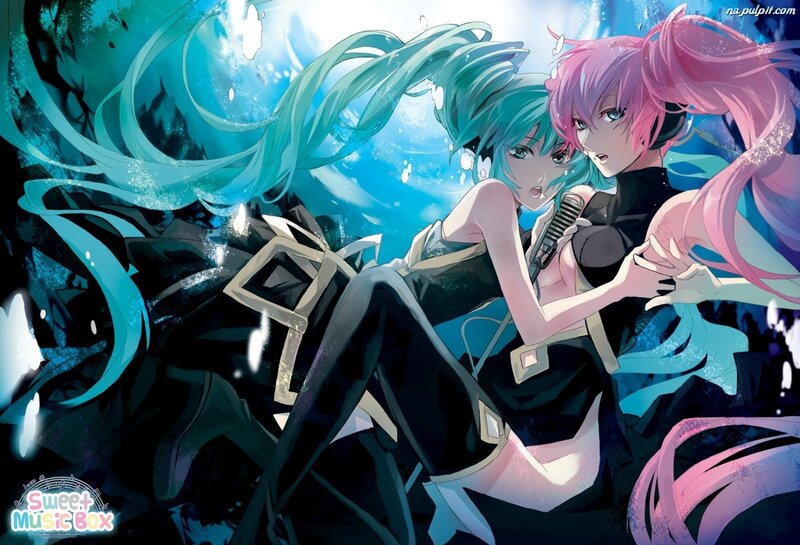 Two Anime Girls Singing — Blue, Dramatic, Microphone