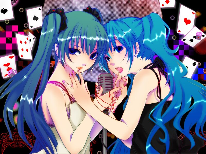 Two Anime Girls Singing — Blue, Dramatic, Night