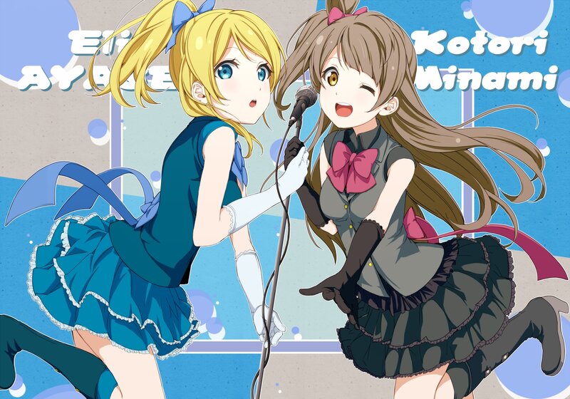 Two Anime Girls Singing — Blue, Energetic, Microphone, Bows