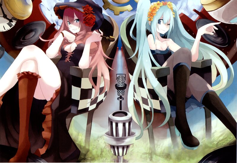 Two Anime Girls Singing — Blue, Playful, Microphone, Clocks
