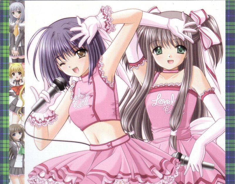 Two anime girls singing in pink outfits