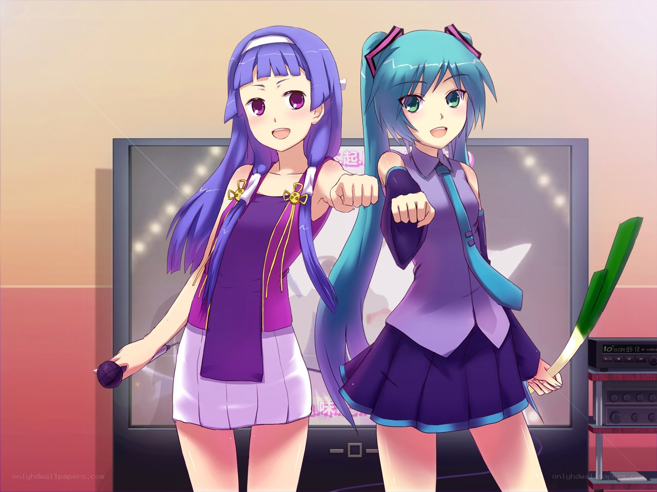 Two anime girls singing karaoke
