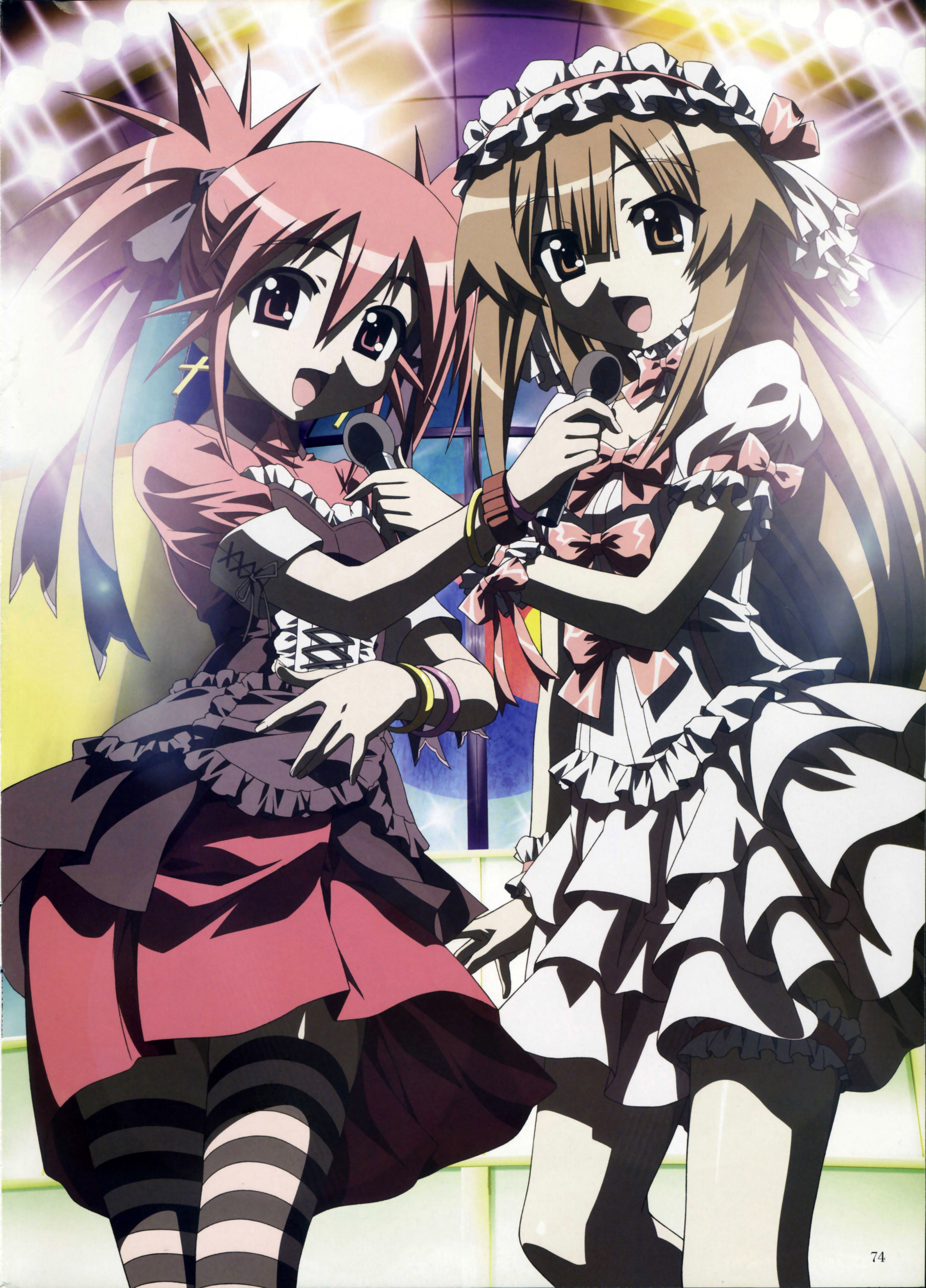 Two anime girls singing on stage