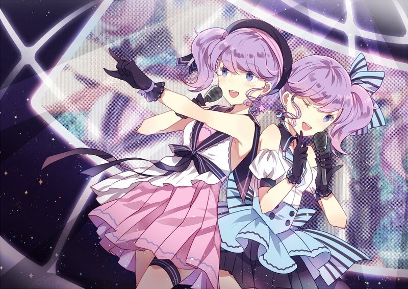 Two anime girls singing on stage
