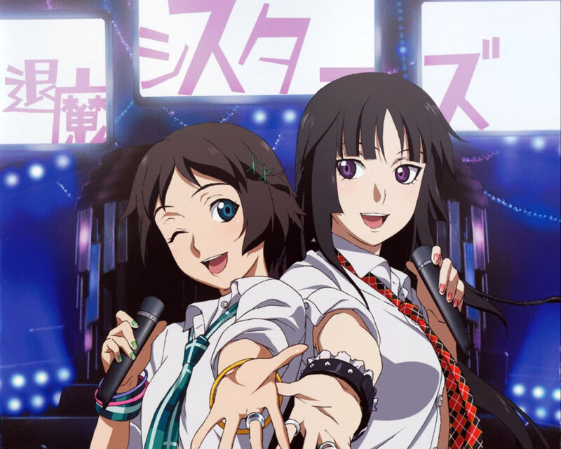 Two anime girls singing on stage