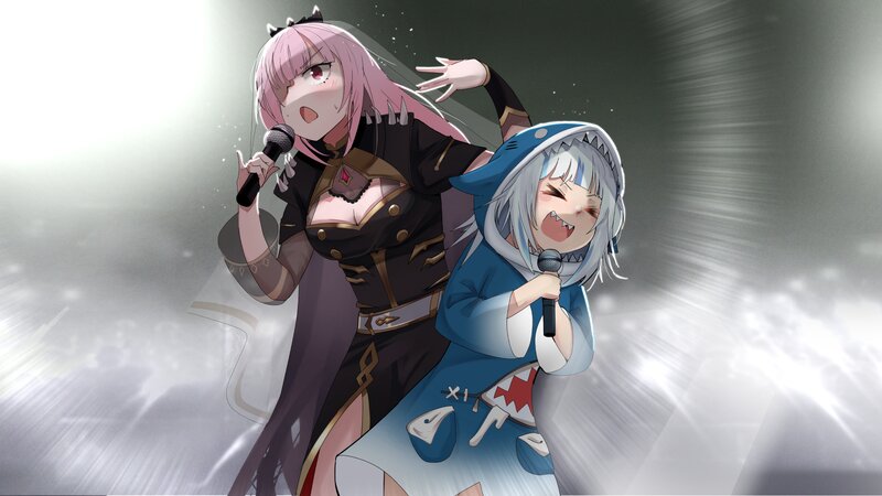 Two Anime Girls Singing — Pink, Dramatic, Digital Art