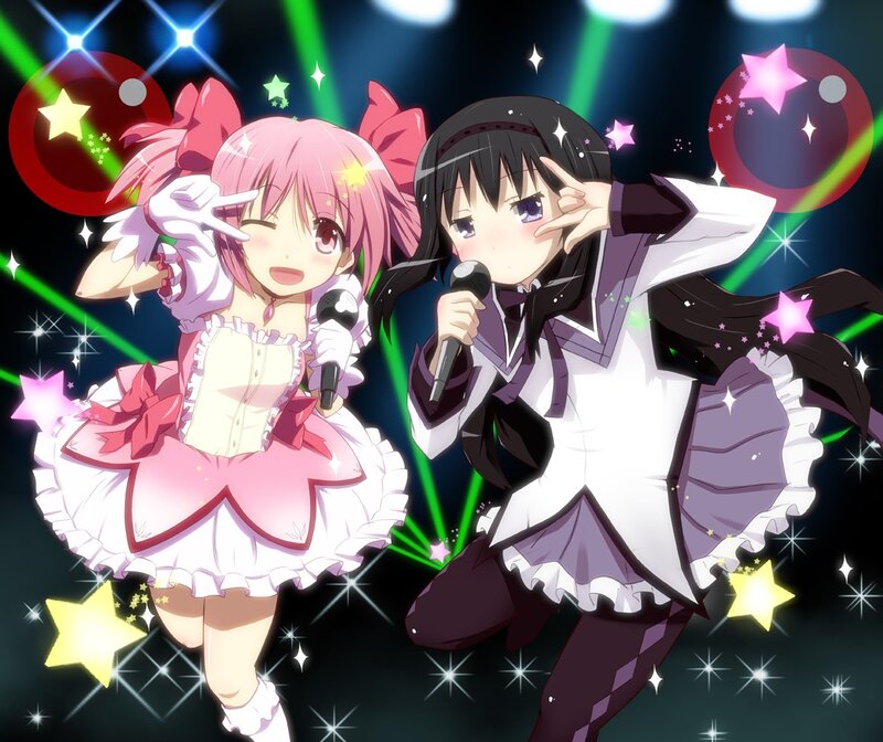 Two Anime Girls Singing — Pink, Energetic, Night, Microphone