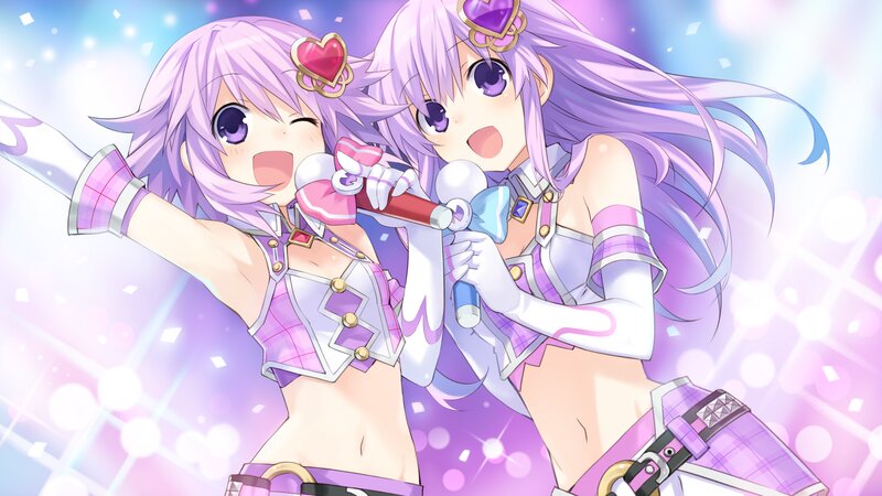 Two Anime Girls Singing — Purple, Energetic, Microphone, Sparkles