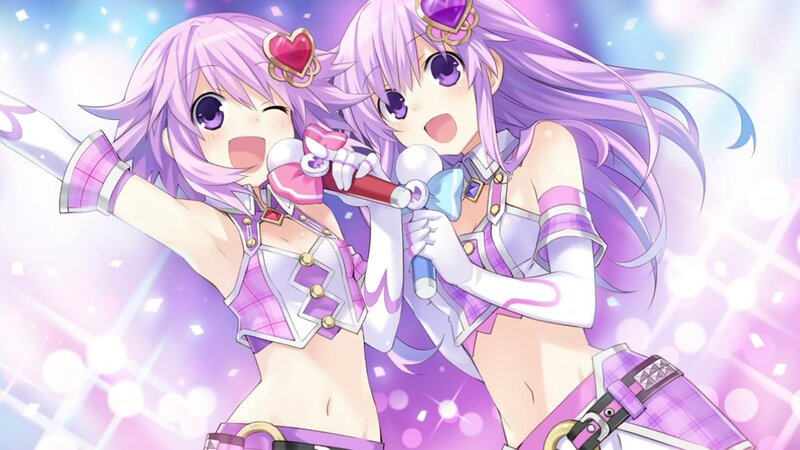 Two Anime Girls Singing — Purple, Energetic, Microphone