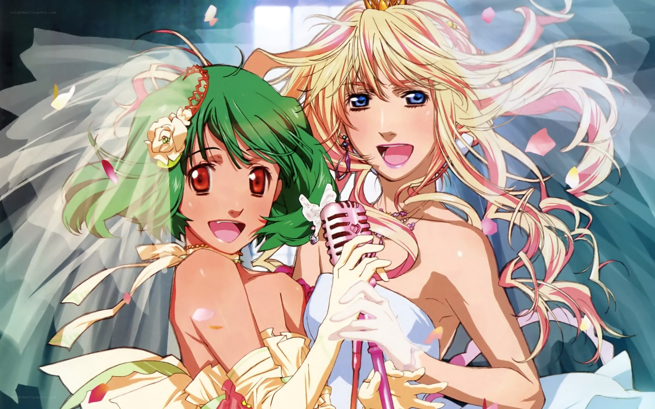 Two anime girls singing together