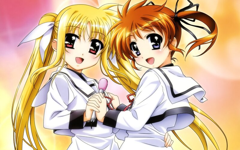 Two Anime Girls Singing — Yellow, Cheerful, Microphone