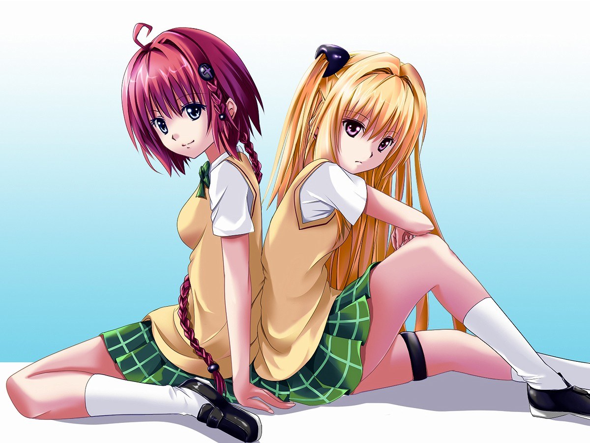 two anime girls sitting back to back