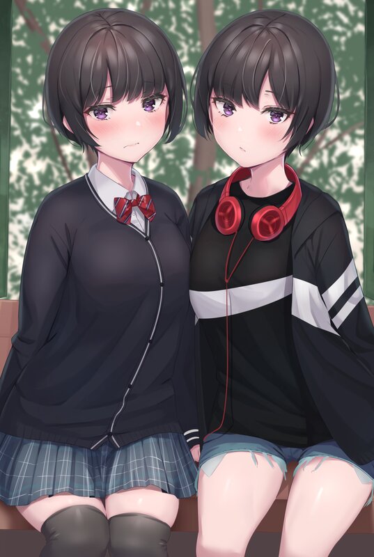 Two Anime Girls Sitting — Black, Calm, Afternoon
