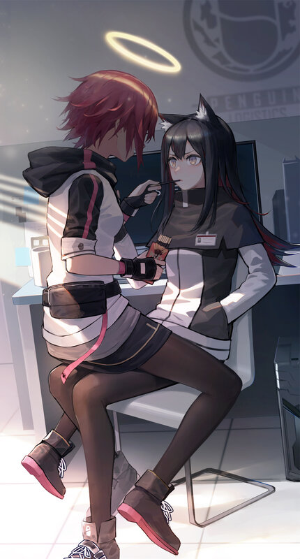 Two Anime Girls Sitting — Black, Calm, Angel Halo