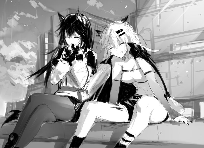 Two Anime Girls Sitting — Black, Calm, Digital Art, Cat Ears