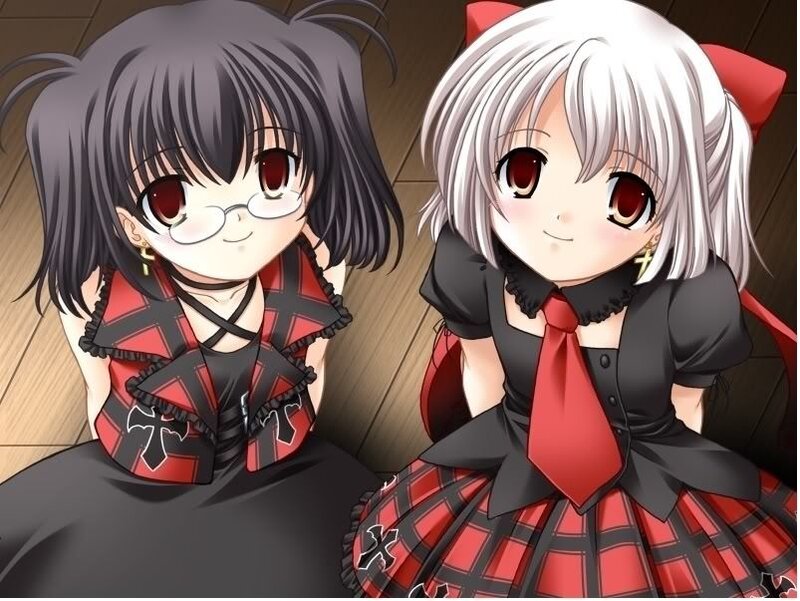 Two Anime Girls Sitting — Black, Calm, Glasses