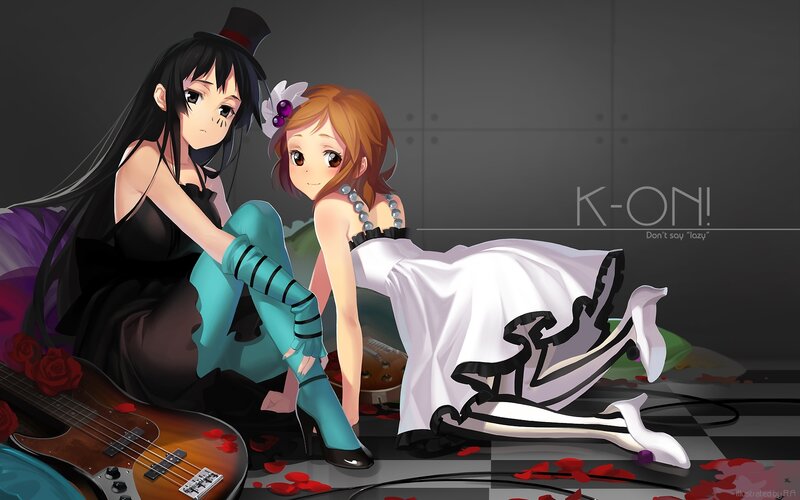 Two Anime Girls Sitting — Black, Calm, Guitar
