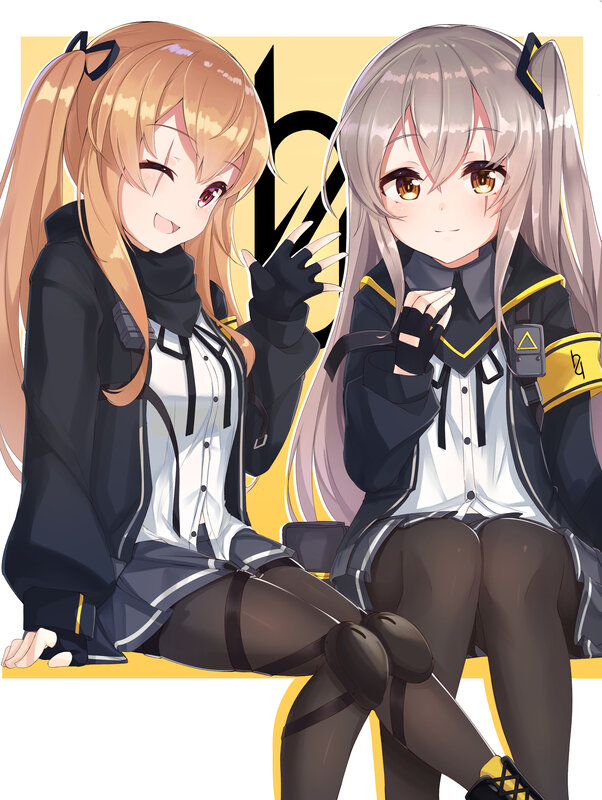 Two Anime Girls Sitting — Black, Cheerful