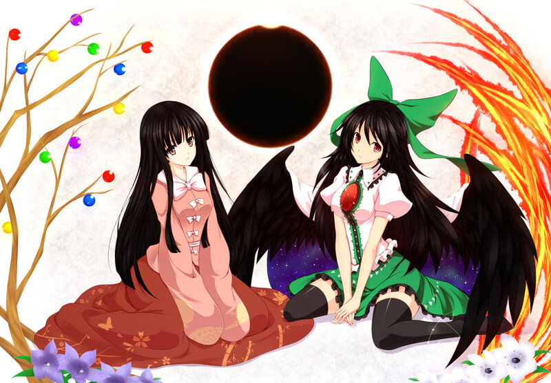 Two Anime Girls Sitting — Black, Dramatic, Black Wings
