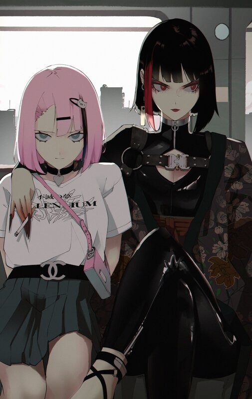 Two Anime Girls Sitting — Black, Dramatic, Choker