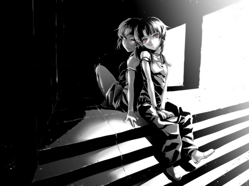 Two Anime Girls Sitting — Black, Dramatic, Manga