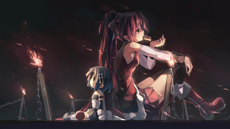 Two Anime Girls Sitting — Black, Dramatic, Night, Fire