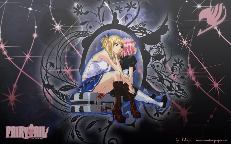 Two Anime Girls Sitting — Black, Dramatic, Night, Suitcase