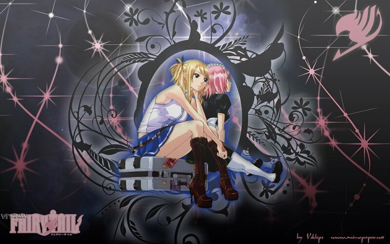 Two Anime Girls Sitting — Black, Dramatic, Night