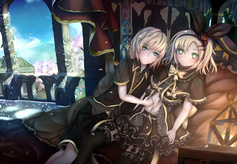 Two Anime Girls Sitting — Black, Serene