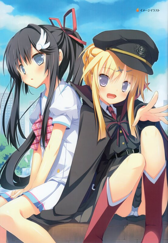 Two Anime Girls Sitting — Blue, Calm, Afternoon, School Uniforms, Cityscape