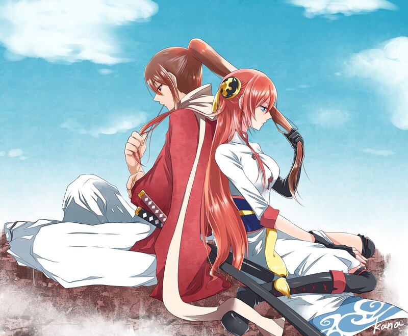 Two Anime Girls Sitting — Blue, Calm, Afternoon, Swords