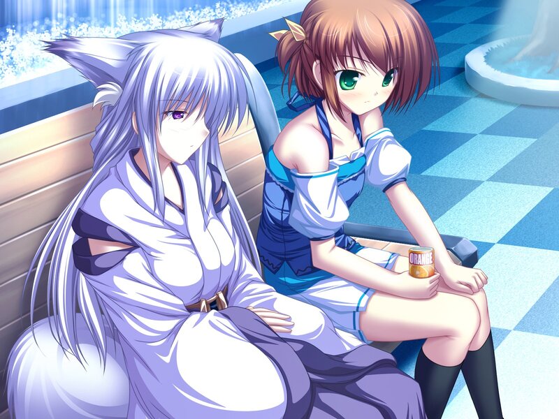 Two Anime Girls Sitting — Blue, Calm, Cat Ears, Green Eyes